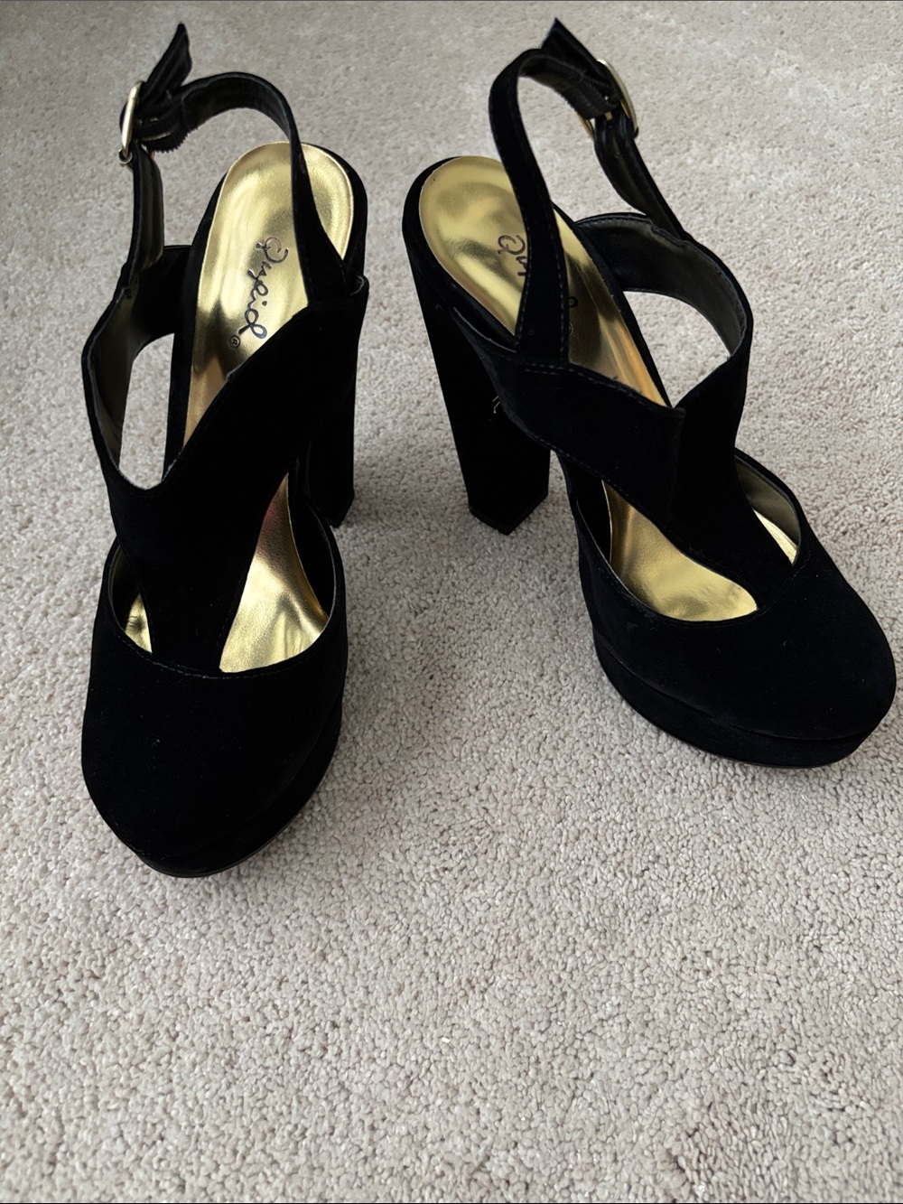 Qupid Black Velvet Platform Block Heels with Ankle Strap - Women